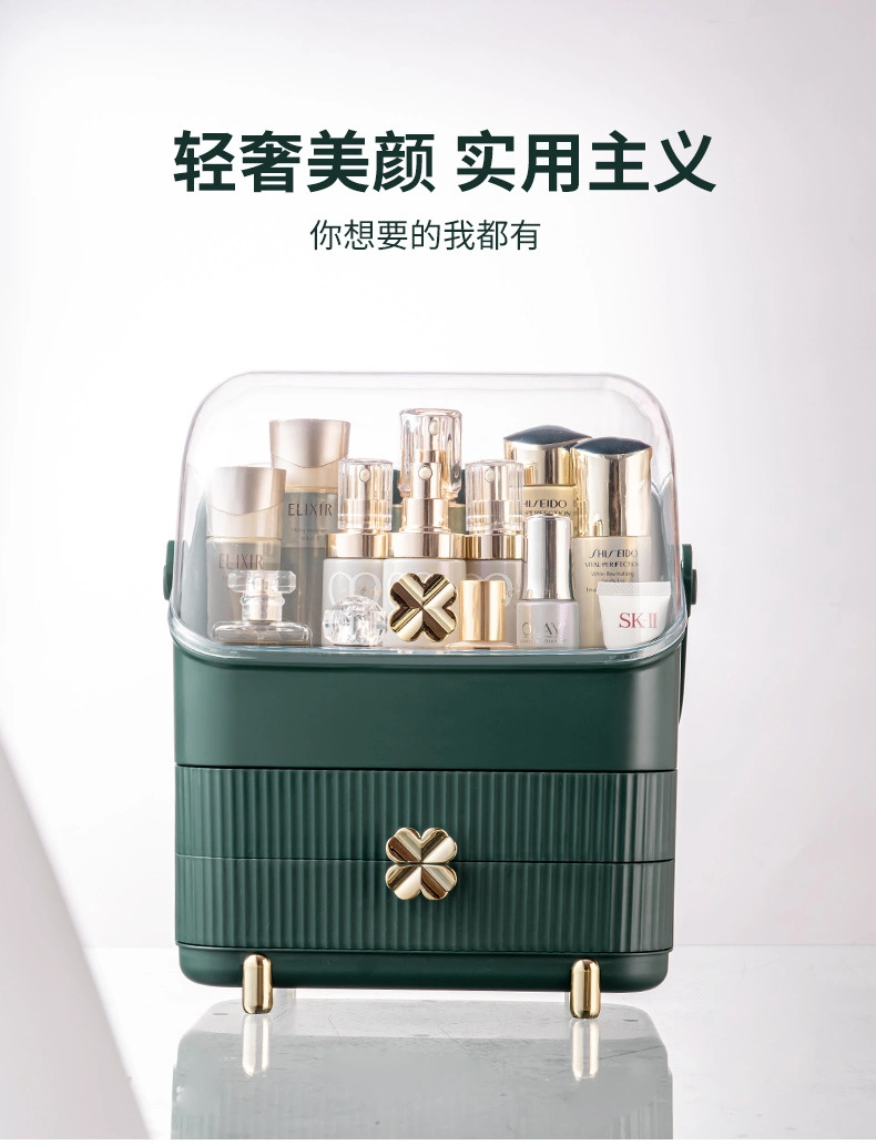 Cosmetic Storage Box with Dust Cover Portable Handle Open Waterproof Dust Drawer